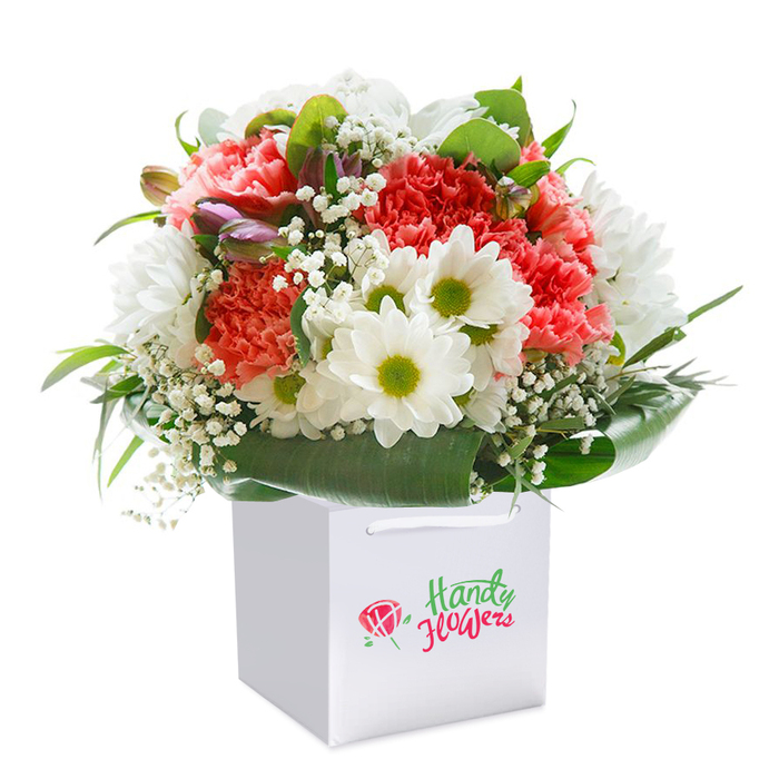 Presented upright in a gleaming white square gift bag, this vibrant bouquet is a testament to the floral craftsmanship found in Temple's flower boutiques. The composition is marked by a sumptuous blend of ruffled carnations in soft peach, coral, and striking deep red-each blossom full and lush, their velvety layers inviting a tender touch. Dotting the arrangement, snowy white daisies with fresh yellow-lime centers introduce a gentle cheer, contrasted by sprigs of fine white baby's breath that float like soft clouds throughout the bouquet. Adding mystery, several closed buds edged with purple and pink hues nestle on one side-suggestive of blossoms about to open on a morning along the riverside gardens near the Strand. The arrangement is enveloped in a flourish of broad, glossy green leaves and structured greenery, forming a sophisticated collar that enhances both form and colour. The white gift bag, complete with refined ribbon handles, speaks to modern elegance while assuring easy delivery to homes and offices throughout Temple's legal district, from the Royal Courts to Tudor Street. Against a pristine white background, the flowers' vivid tones and textures are accentuated, drawing attention to their freshness and allure. This bouquet stands ready to grace special celebrations or offer heartfelt congratulations, encapsulating the spirit of connection unique to Temple.