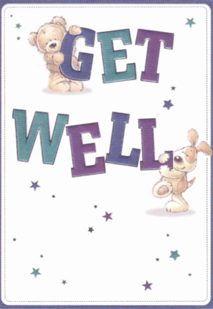 The get well card is a small masterpiece of encouragement, crafted in the spirit of community and gentle care that defines central Temple. Dominating the scene, a friendly bear and an exuberant puppy-softly illustrated with rounded features-offer a symbolic exchange of good wishes. Scattered stars, reminiscent of twinkling lights seen from Temple Pier at dusk, float around them, their indigo and aqua hues shimmering across the white background. The lettering is bold and welcoming, shaded in purples and teals that root the message in resilience and cheer. There's a tactile realism to the textures: the bear's fluffy coat, the puppy's tender ears, and the subtle brushwork lend a near-touchable quality, akin to the hand-finished feel of a bespoke bouquet delivered by a skilled Temple florist. Sending this card with a fresh Temple bouquet combines visual and emotional comfort-a thoughtful duo brightening any bedside, from Strand to Middle Temple Lane. Its honest, compassionate energy is perfect for soothing spirits whatever the age or circumstance.