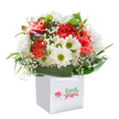There's an inviting joy radiating from this bouquet, arranged in a square white gift bag and ready to share Temple's sense of renewal and warmth. A delicate fusion of coral, peach, and deep red carnations brings texture and dynamism, their soft, feathery petals brimming with gentle fragrance. Bright white daisies punctuate the arrangement, their green-yellow centers like beacons of sunshine, while clouds of baby's breath dance lightly throughout, adding innocence and airiness. Hints of closed, purple-tinted buds along the margin speak of anticipation-flowers not yet unfurled, evoking the promise of spring mornings in Temple Garden. Polished, deep jade greenery encircles the bouquet, its broad leaves cradling the blooms in a protective embrace. The thoughtful, full rounded shape is set off perfectly against the unblemished white of the gift bag and background, creating an impression of purity and care. Finished with soft ribbon handles, this arrangement is ideal for celebrating life's milestones, congratulating friends, or simply delighting a loved one in Temple. Every element reflects the expert hand of a florist familiar with the area's quiet elegance and lively community spirit.